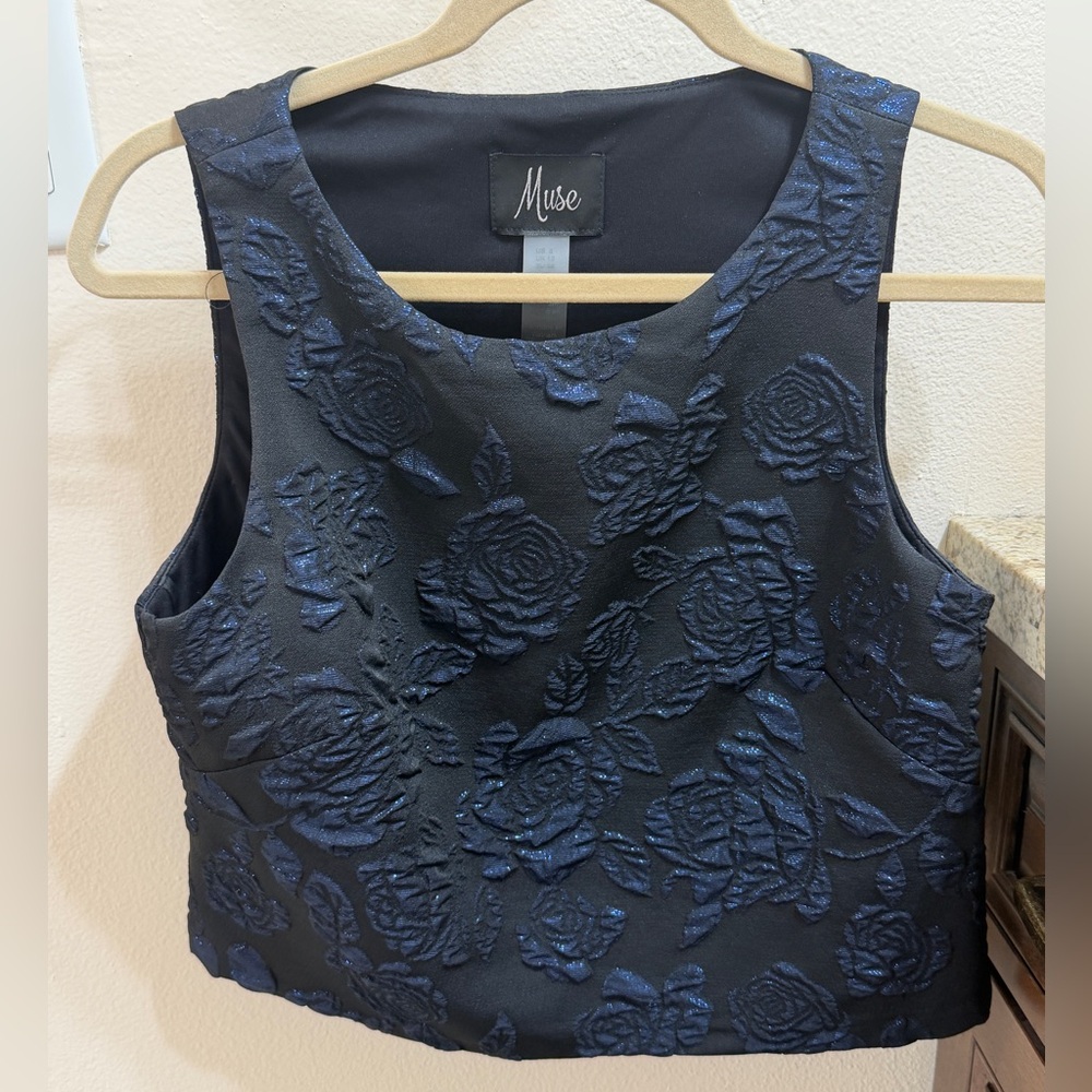 Muse Black Navy Floral Jacquard Crop Top